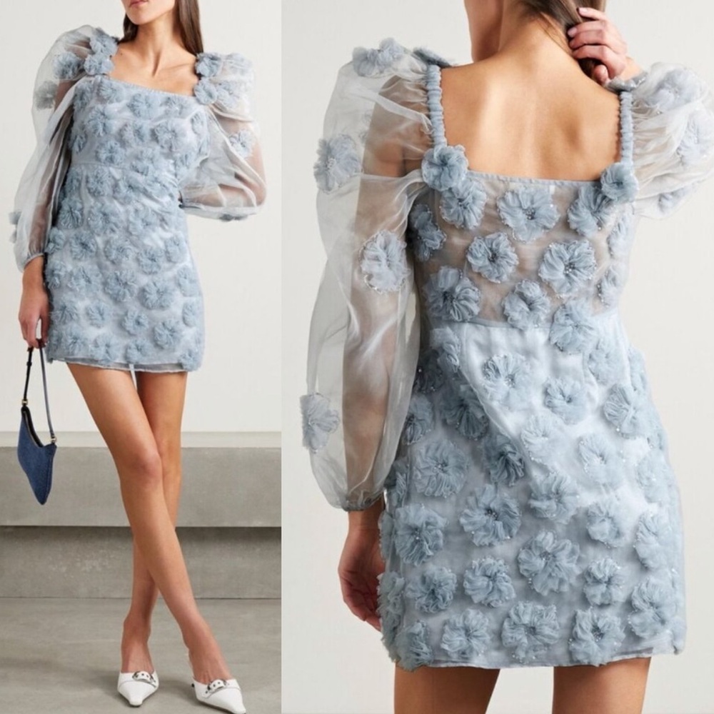 LOVESHACKFANCY- Wells Appliquéd Organza Mini Dress In Blue Size 0 Sheer Sleeve
